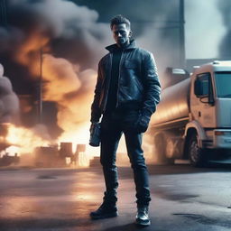 Craft a hyper-realistic, 4K image of a cool, handsome man in cyberpunk attire, fighting intensely against the backdrop of an exploding gas tank truck