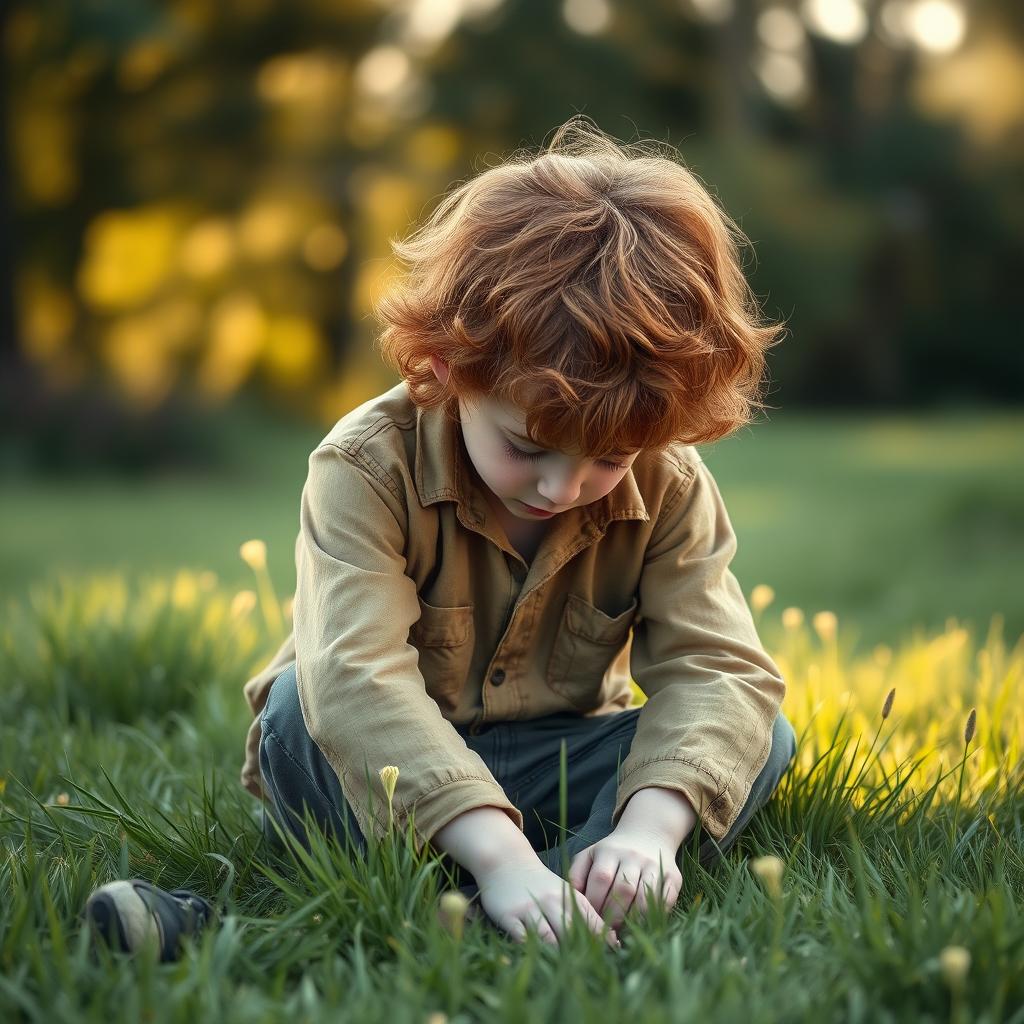 A preteen ginger boy with curly hair and pale skin, sitting down in a patch of grass with his head bowed down, conveying a sense of sadness