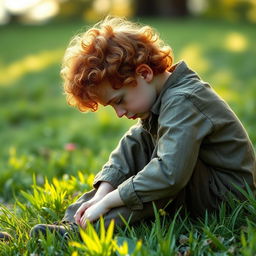A preteen ginger boy with curly hair and pale skin, sitting down in a patch of grass with his head bowed down, conveying a sense of sadness