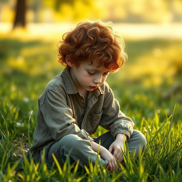 A preteen ginger boy with curly hair and pale skin, sitting down in a patch of grass with his head bowed down, conveying a sense of sadness