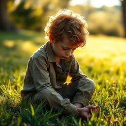 A preteen ginger boy with curly hair and pale skin, sitting down in a patch of grass with his head bowed down, conveying a sense of sadness