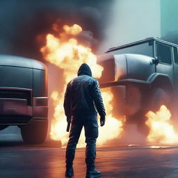 Craft a hyper-realistic, 4K image of a cool, handsome man in cyberpunk attire, fighting intensely against the backdrop of an exploding gas tank truck