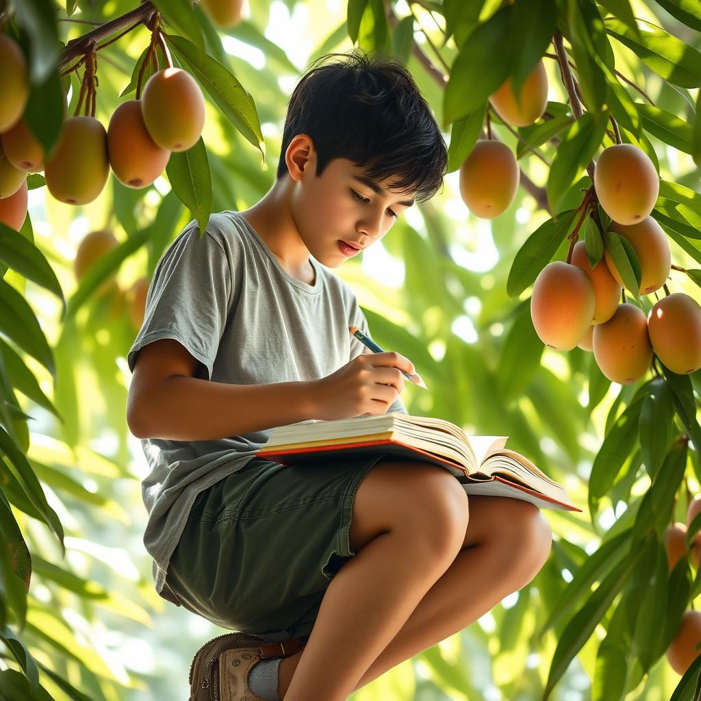 A vibrant scene featuring a 16-year-old boy studying perched on a mango tree