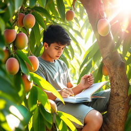 A vibrant scene featuring a 16-year-old boy studying perched on a mango tree
