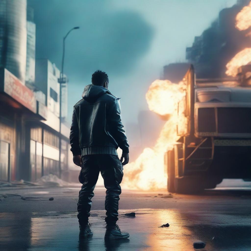 Craft a hyper-realistic, 4K image of a cool, handsome man in cyberpunk attire, fighting intensely against the backdrop of an exploding gas tank truck