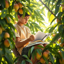 A vibrant scene featuring a 16-year-old boy studying perched on a mango tree