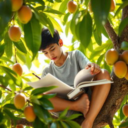 A vibrant scene featuring a 16-year-old boy studying perched on a mango tree