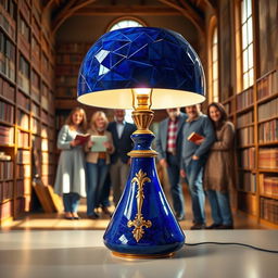 A futuristic blue lapis lazuli table lamp with ornate gold accents positioned in a bright, spacious library