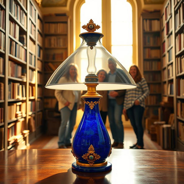 A futuristic blue lapis lazuli table lamp with ornate gold accents positioned in a bright, spacious library