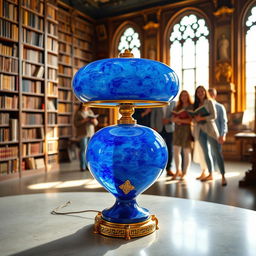 A futuristic blue lapis lazuli table lamp with ornate gold accents positioned in a bright, spacious library