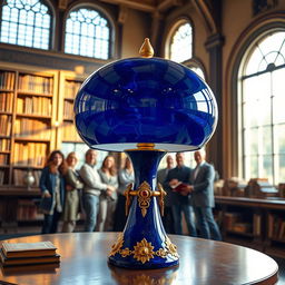 A futuristic blue lapis lazuli table lamp with ornate gold accents positioned in a bright, spacious library