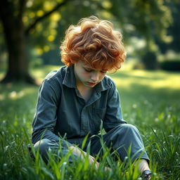 A teen ginger boy with curly hair and pale skin, sitting in a vibrant patch of grass, looking sad with his head bowed down