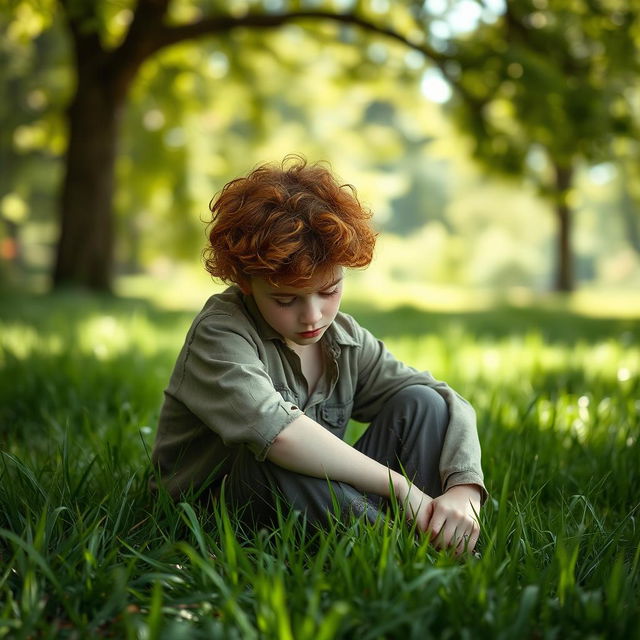 A teen ginger boy with curly hair and pale skin, sitting in a vibrant patch of grass, looking sad with his head bowed down