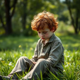A teen ginger boy with curly hair and pale skin, sitting in a vibrant patch of grass, looking sad with his head bowed down