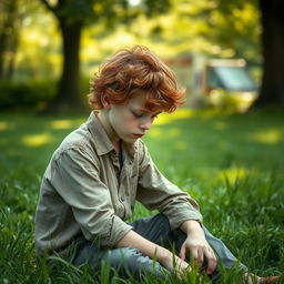 A teen ginger boy with curly hair and pale skin, sitting in a vibrant patch of grass, looking sad with his head bowed down