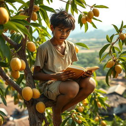 A poignant scene depicting a 16-year-old poor boy studying perched high on a mango tree in a rural setting