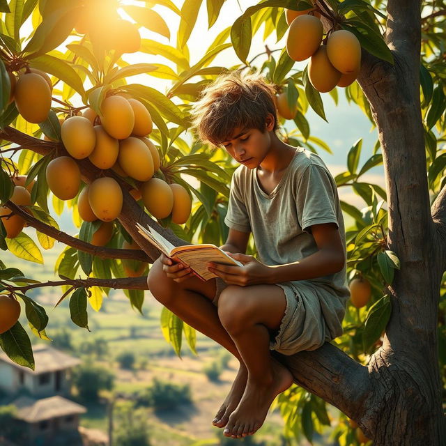 A poignant scene depicting a 16-year-old poor boy studying perched high on a mango tree in a rural setting