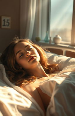 A beautiful 19-year-old woman lying down in a hospital bed, with sunlight streaming through the window, casting gentle rays that touch her skin, creating a serene and peaceful atmosphere