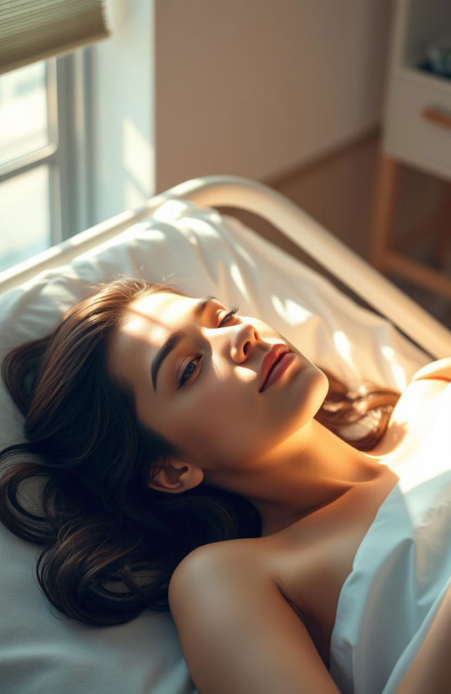 A beautiful 19-year-old woman lying down in a hospital bed, with sunlight streaming through the window, casting gentle rays that touch her skin, creating a serene and peaceful atmosphere