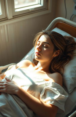 A beautiful 19-year-old woman lying down in a hospital bed, with sunlight streaming through the window, casting gentle rays that touch her skin, creating a serene and peaceful atmosphere