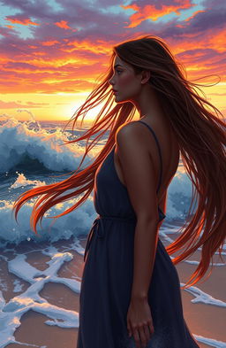 A captivating scene of a beautiful 20-year-old woman with very long flowing hair, standing on a beach with wild waves crashing around her