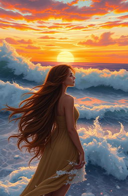 A captivating scene of a beautiful 20-year-old woman with very long flowing hair, standing on a beach with wild waves crashing around her
