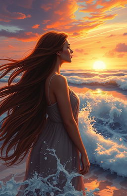 A captivating scene of a beautiful 20-year-old woman with very long flowing hair, standing on a beach with wild waves crashing around her