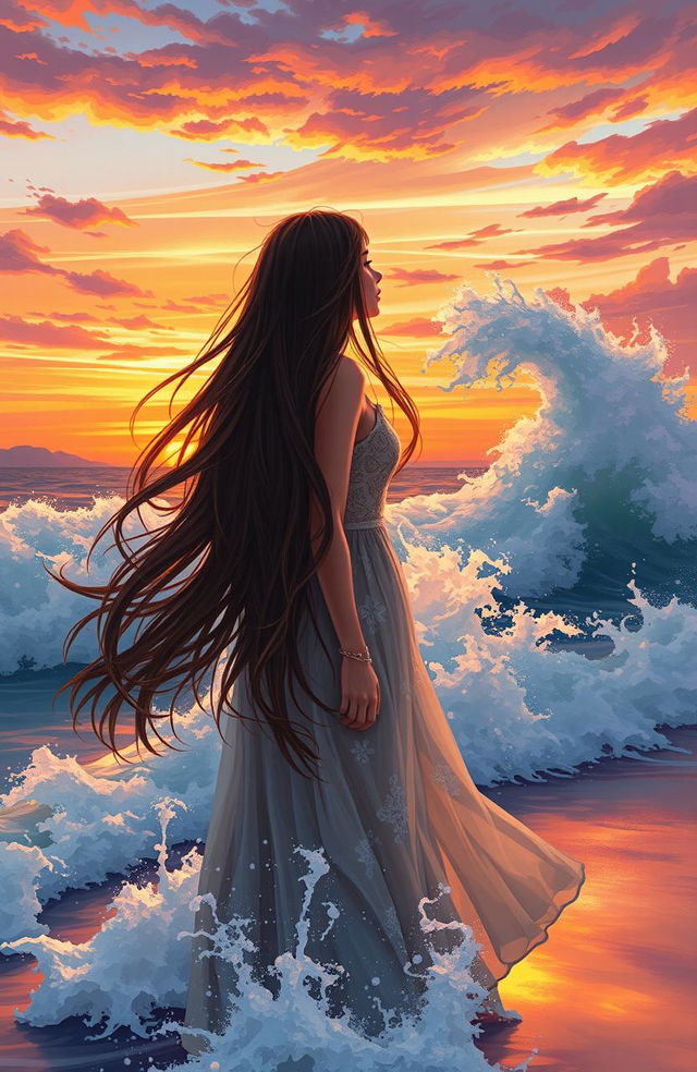 A captivating scene of a beautiful 20-year-old woman with very long flowing hair, standing on a beach with wild waves crashing around her