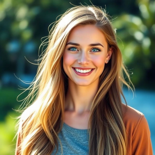 A modern and stylish profile picture featuring a confident young woman with long, flowing hair and bright blue eyes, smiling warmly