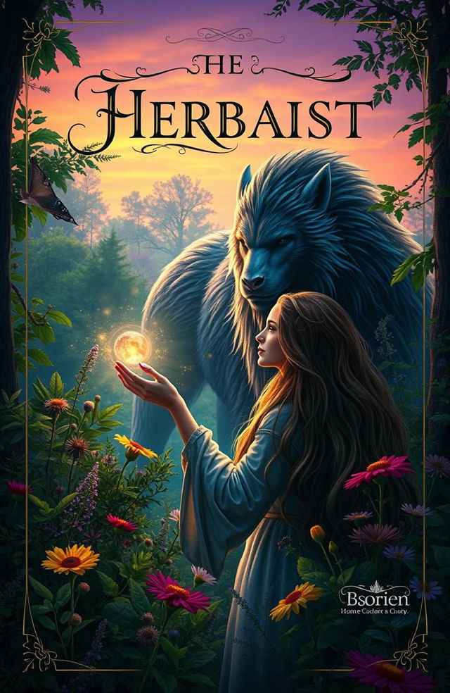 A captivating book cover design featuring a female herbalist with long, flowing hair, surrounded by lush, green woods filled with vibrant herbs and flowers