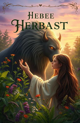 A captivating book cover design featuring a female herbalist with long, flowing hair, surrounded by lush, green woods filled with vibrant herbs and flowers