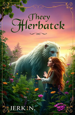 A captivating book cover design featuring a female herbalist with long, flowing hair, surrounded by lush, green woods filled with vibrant herbs and flowers
