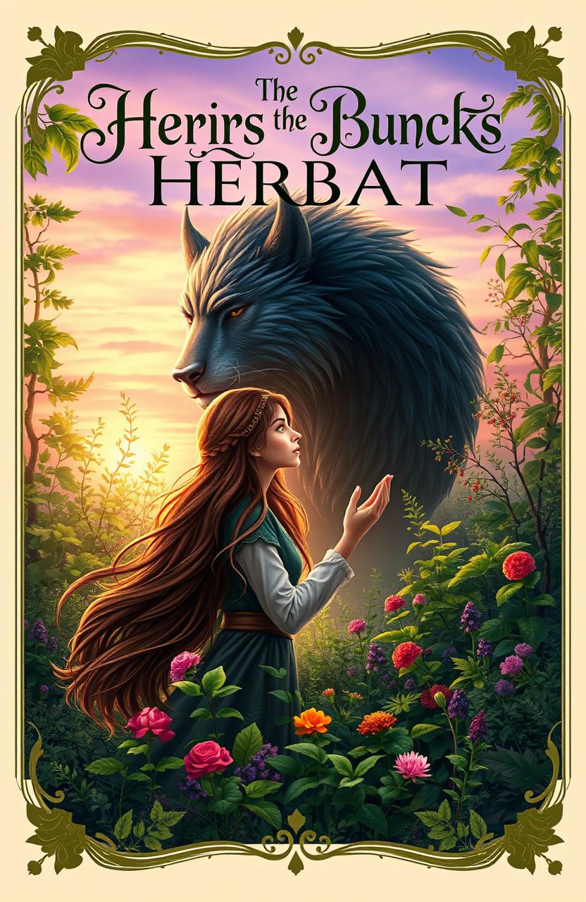A captivating book cover design featuring a female herbalist with long, flowing hair, surrounded by lush, green woods filled with vibrant herbs and flowers