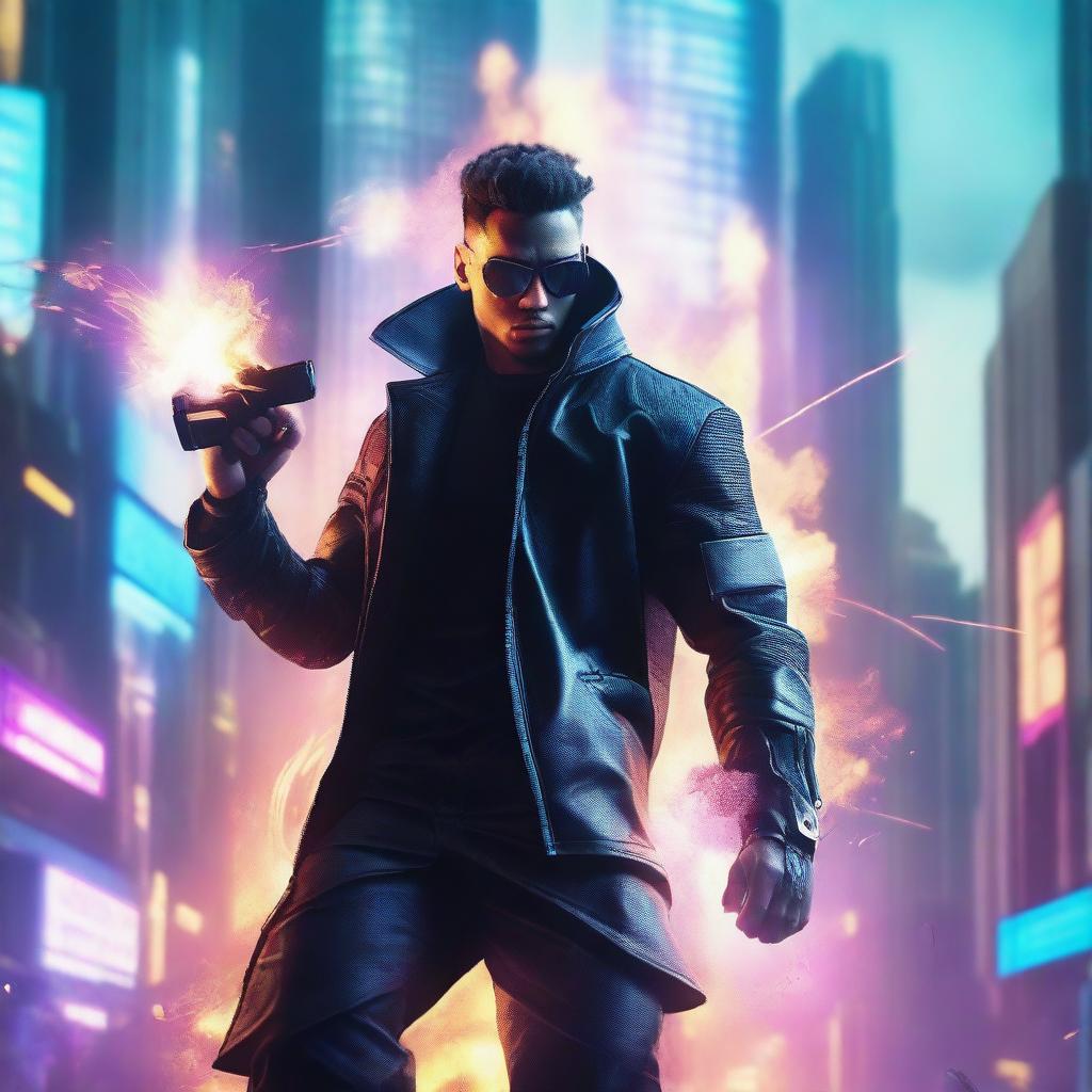 Create a hyper-realistic, 4K image of a cool and handsome man in cyberpunk attire, engaged in an intense fight with a cyber city tower exploding in the background