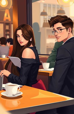 A beautiful 20-year-old business student sitting at a cozy coffee shop table, elegantly dressed and engrossed in her study materials, her long hair cascading down her shoulders