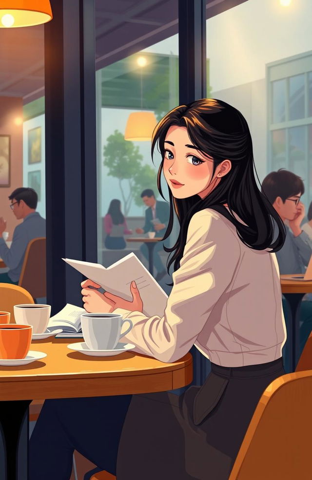 A beautiful 20-year-old business student sitting at a cozy coffee shop table, elegantly dressed and engrossed in her study materials, her long hair cascading down her shoulders