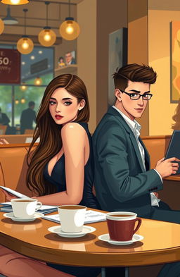 A beautiful 20-year-old business student sitting at a cozy coffee shop table, elegantly dressed and engrossed in her study materials, her long hair cascading down her shoulders