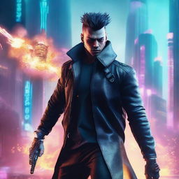 Create a hyper-realistic, 4K image of a cool and handsome man in cyberpunk attire, engaged in an intense fight with a cyber city tower exploding in the background