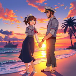 A romantic scene between a flight attendant and a sea farer, both students, in anime art style