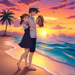 A romantic scene between a flight attendant and a sea farer, both students, in anime art style