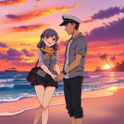 A romantic scene between a flight attendant and a sea farer, both students, in anime art style
