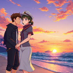 A romantic scene between a flight attendant and a sea farer, both students, in anime art style