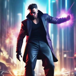 Create a hyper-realistic, 4K image of a cool and handsome man in cyberpunk attire, engaged in an intense fight with a cyber city tower exploding in the background