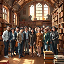 A bright library filled with collectors of books, showcasing a diverse mix of individuals standing together for a photo