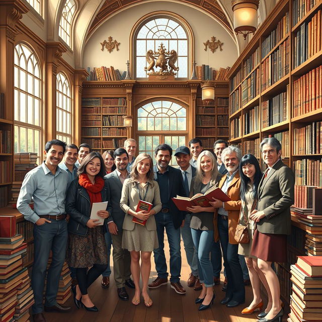 A bright library filled with collectors of books, showcasing a diverse mix of individuals standing together for a photo