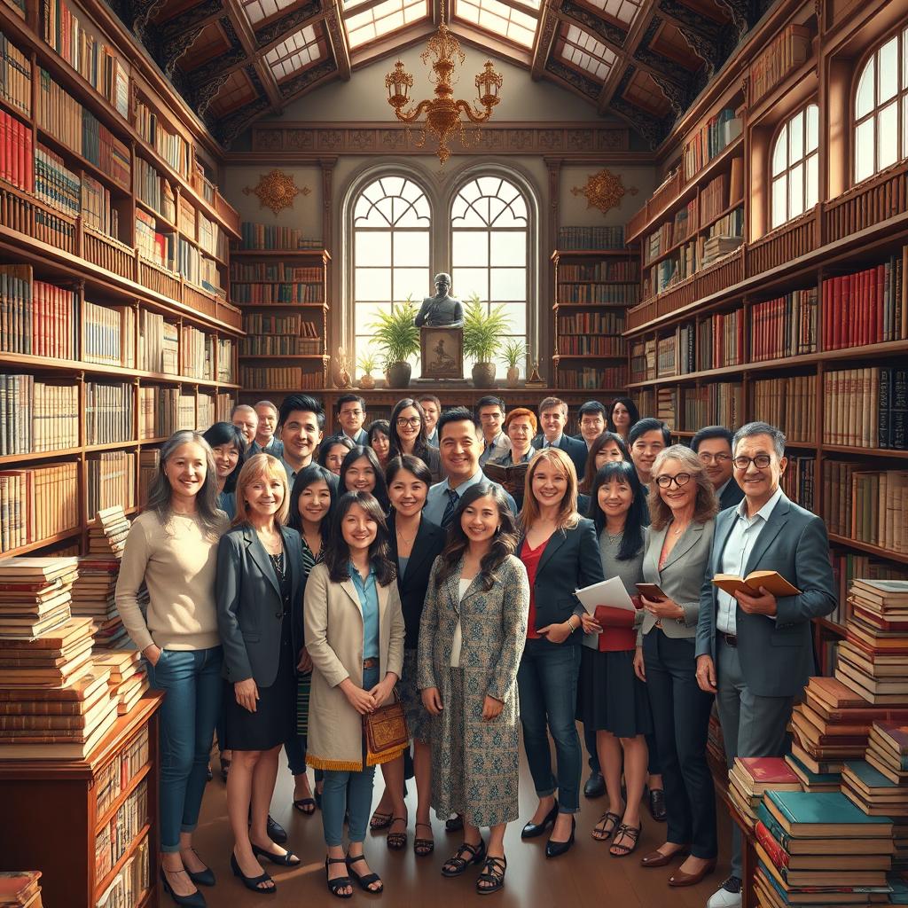 A bright library filled with collectors of books, showcasing a diverse mix of individuals standing together for a photo