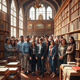 A bright library filled with collectors of books, showcasing a diverse mix of individuals standing together for a photo