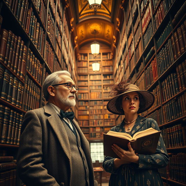 A stunning view of an exquisite library filled with precious books, showcasing intricate book spines adorned with gold lettering and ornate designs