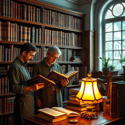 A vibrant library scene featuring a collection of precious books