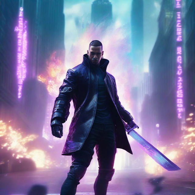 Generate a hyper-realistic, 4K image of a cool, handsome man in cyberpunk attire, battling with a giant sword with a cyber city tower exploding dramatically in the background